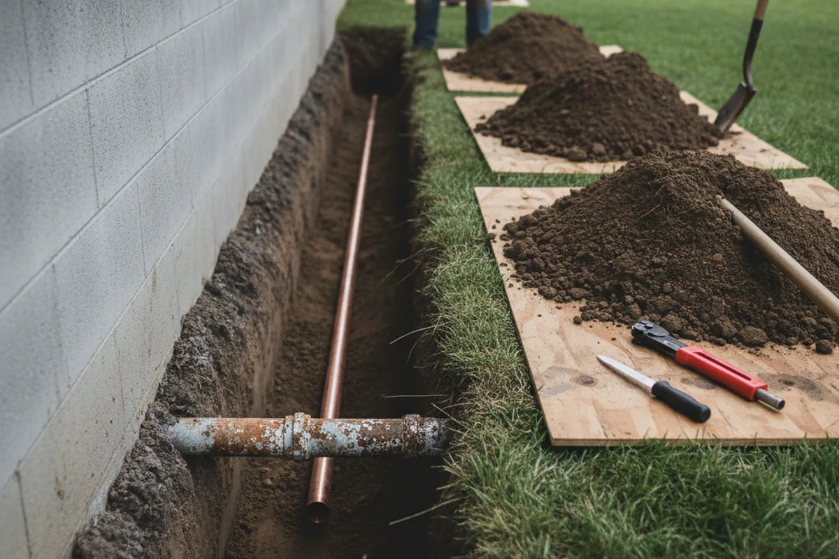 Excavated water line trench during Water Softener Installation in North Star